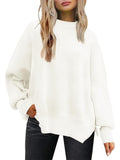 Women's Batwing Sleeve Side Slit Ribbed Crewneck Sweater