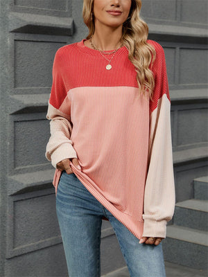 Candy Color Striped Texture Autumn Long Sleeve Shirt for Women