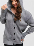 Women's Solid Single-breasted Drawstring Hooded Knitted Sweater