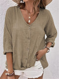 Women's Loose Fit Pullover Button Decoration V-Neck T-shirts