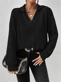 Women's Solid Color V Neck Striped Texture Long Sleeve Shirt