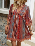 Bohemian Print V Neck Lace Hem Mini Dress for Women