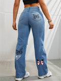 Chic Butterfly Print Ripped Blue Jeans for Women