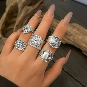 Ethnic Style Hand-Carved Flower 5Pcs/Set Women's Opening Ring