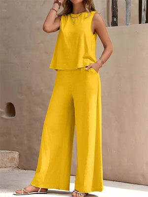 Women's Elegant Solid Color Sleeveless Shirt + Casual Pants