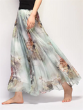 Ladies Flowy Chinese Landscape Floral Print Skirts