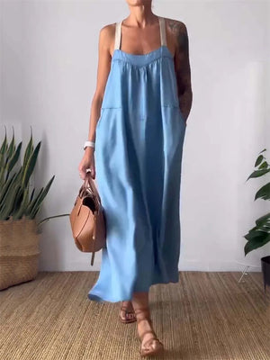 Leisure Square Neck Sleeveless Loose Overall Dress for Women