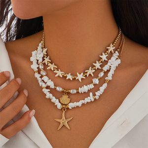 3pcs/Set Irregular Stone Chain Seashell Starfish Pendant Necklaces