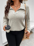 Lady V Neck Lapel Dropped Shoulder Ribbed T-shirt