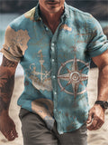 Men's Vintage Nautical Compass Print Lapel Beach Shirt