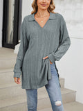 V Neck Striped Texture Side Split Fitted Shirt for Women