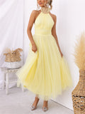 Wedding Elegant Backless Stand Collar Flowy Dress for Lady