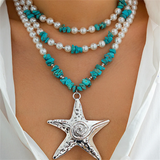 Multilayered Imitation Pearl Stone Spiral Starfish Pendant Necklaces