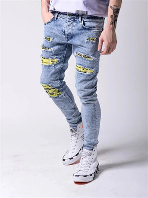 Trendy Male Stretch Embroidery Patchwork Jeans