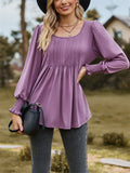 Scoop Neck Pleated Lantern Sleeve Slim Fit Shirt for Women