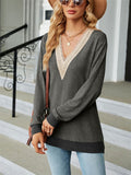 Contrast Color Lace Trim Long Sleeve T-shirt for Ladies