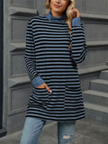 Autumn Slim Fit Long Sleeve High Collar Stripe Shirt for Women