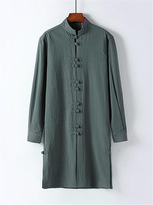 Mens Vintage Stand Collar Solid Color Cotton&Linen Robes