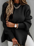 Fashion High Neck Lantern Sleeve Side Slit Ribbed Knit Sweater