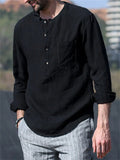 Men's Super Soft Cotton Linen Casual Round Neck Long Sleeve Shirts