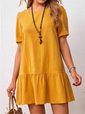 Round Neck Linen Short Sleeve Dresses For Women