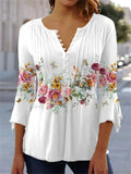 Summer Floral Print 3/4 Sleeve V-neck Pleated Pullover Tops