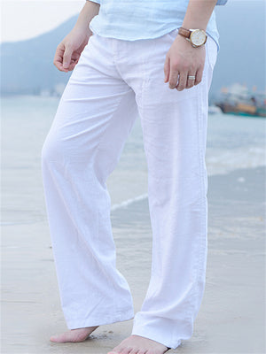 Male Linen Elastic Waist Beach Straight Leg Pants