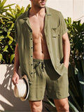 Men's Short Sleeved Buttons Up Summer Beach Linen Sets