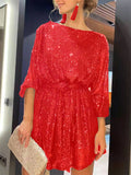 Pretty Shiny Beaded Crew Neck Lantern Sleeve Women's Cocktail Dress