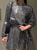 Pretty Shiny Beaded Crew Neck Lantern Sleeve Women's Cocktail Dress