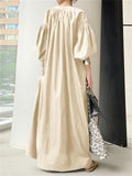 Lady Cotton Linen Lapel Solid Glossy Trending Leisure Long Dresses