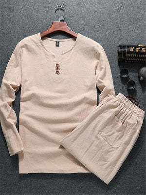 Relaxed Fit 2-Piece Outfit Notched Neck Slit Hem Shirt + Elastic Waistband Full-Length Pants