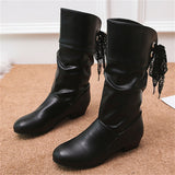 Women's Campus Round Toe Low Heels Ribbon Mid-Calf Knight Boots