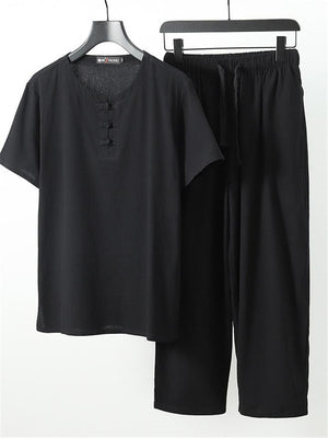 Simple Style Solid Color 2-Piece Outfit Retro Button T-Shirts + Drawstring Pants