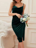 Sexy Female U Neck Backless High Slit Retro Pleated Velvet Dress