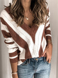 Women's V Neck Stripe Knit Long Sleeve Sweater