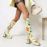 Trendy Colorful Floral Printed Thick Heel Long Boots