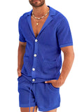 Sandy Beach Mesh Knitted Lapel Short Sleeve Sets for Men