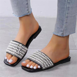 Summer Pearl Rhinestone Elegant Flat Slippers for Lady