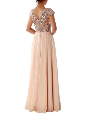 New Elegant V-Neck Sleeveless Floor-Length Lace Decorated Evening Dresses