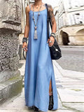 Trendy U Neck Adjustable Shoulder Straps Side Slit Female Denim Dress