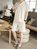 Lightweight Linen Two-Piece Outfit Wrap Neck T-Shirt + Elastic Waistband Knee-Length Pants