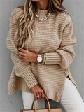 Fashion High Neck Lantern Sleeve Side Slit Ribbed Knit Sweater