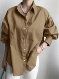 Casual Puff Sleeve Single Breasted Loose Shirt for Office Lady