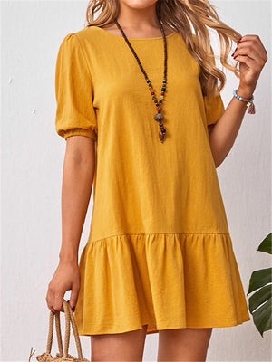 Round Neck Linen Short Sleeve Dresses For Women