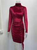 Women's Graceful High-Necked Fashion Long Sleeve Solid Color Drawstring Tight Dress