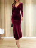 Women's Sexy Deep V Long Sleeve Bodycon Midi Fishtail Dress