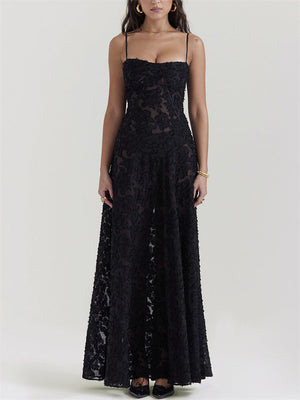 Female Sexy Black Embroidered Strappy Evening Dresses