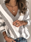 Women's V Neck Stripe Knit Long Sleeve Sweater