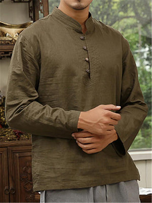 Mens Loose Comfy Soft Linen Button Solid Color Long Sleeve T-Shirts